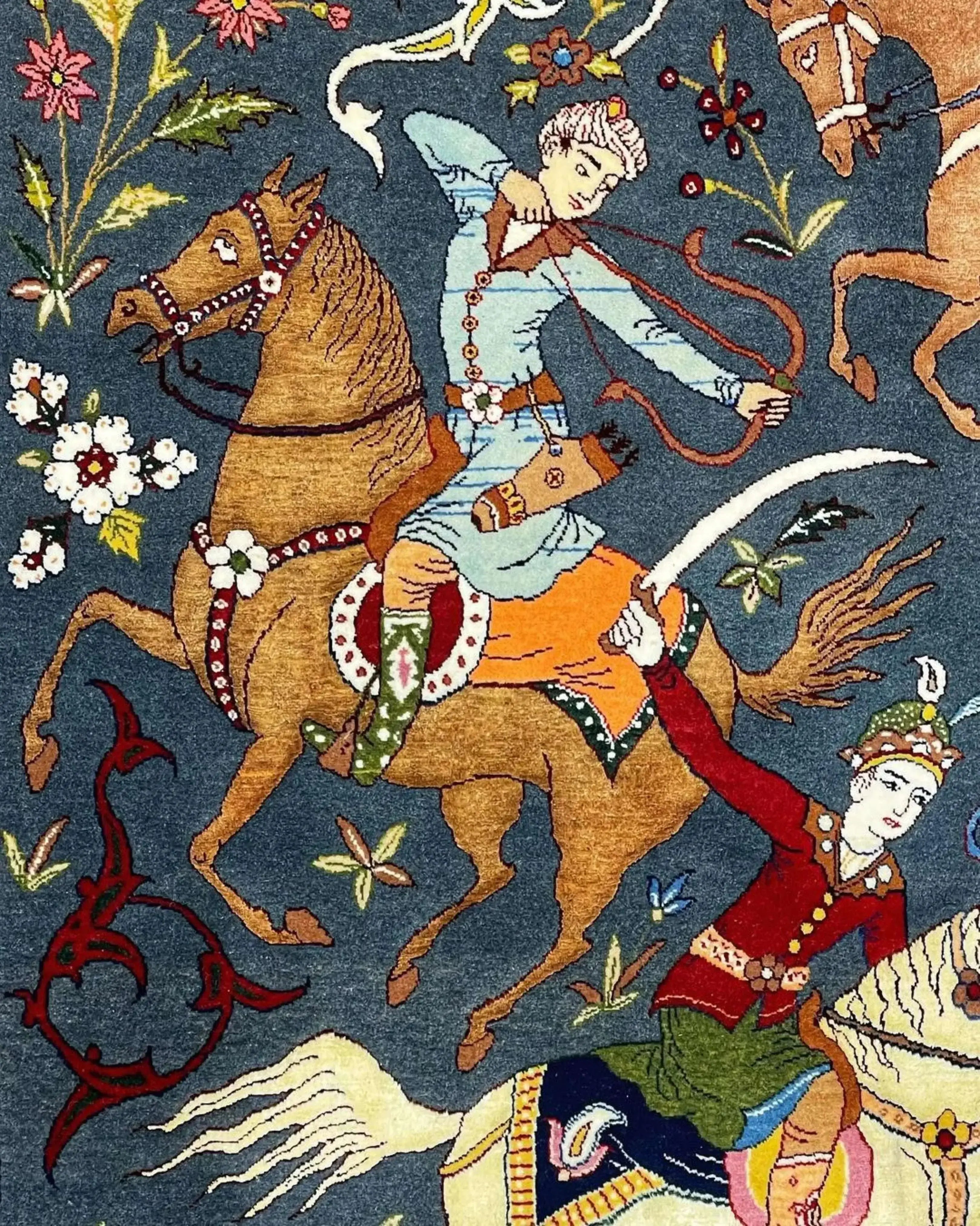 Hunting-themed Persian rug with vibrant colors and intricate floral borders.